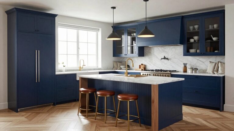 Kitchen interior with navy blue cabinets, white marble countertops and backsplash, wooden island with leather stools, brass faucet, gas range, black pendant lights, and a window bench seat.