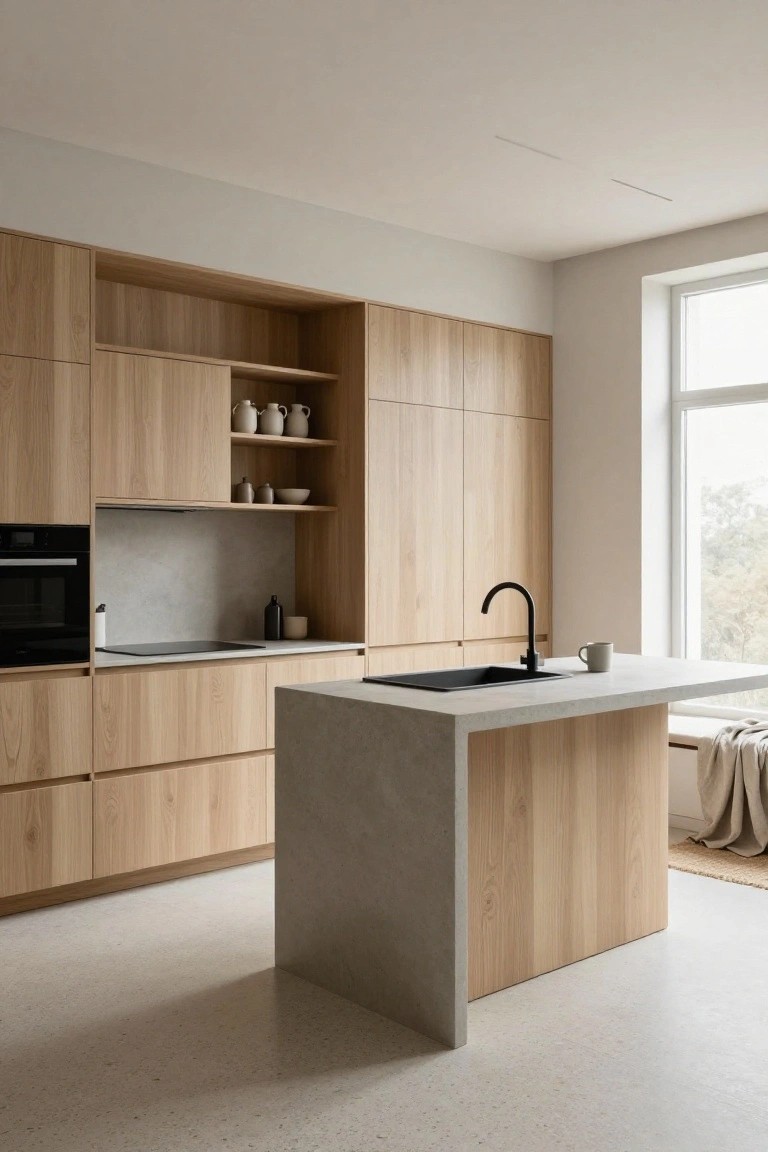 Modern kitchen with light oak handleless cabinets, central island featuring concrete countertop, oak wood base, and integrated bench with throw blanket, black faucet, induction cooktop, and large window.