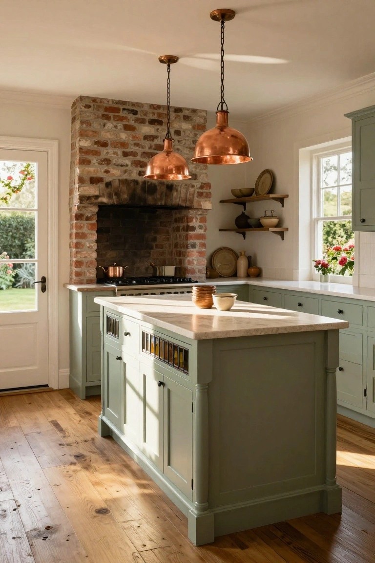 Kitchen with sage green lower and island cabinets, white marble countertops, exposed brick chimney enclosing a gas range cooker, two copper pendant lights, wooden floors, open shelves with pottery, and a glass door to a garden.