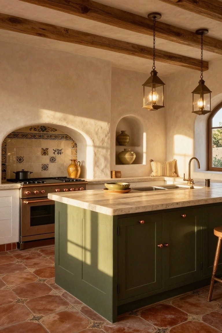 Sunlit kitchen interior with beige plaster walls, wooden ceiling beams, arched niche with blue and yellow tiles and pottery, stainless steel range, green central island, terracotta tile floor, and wooden stool.
