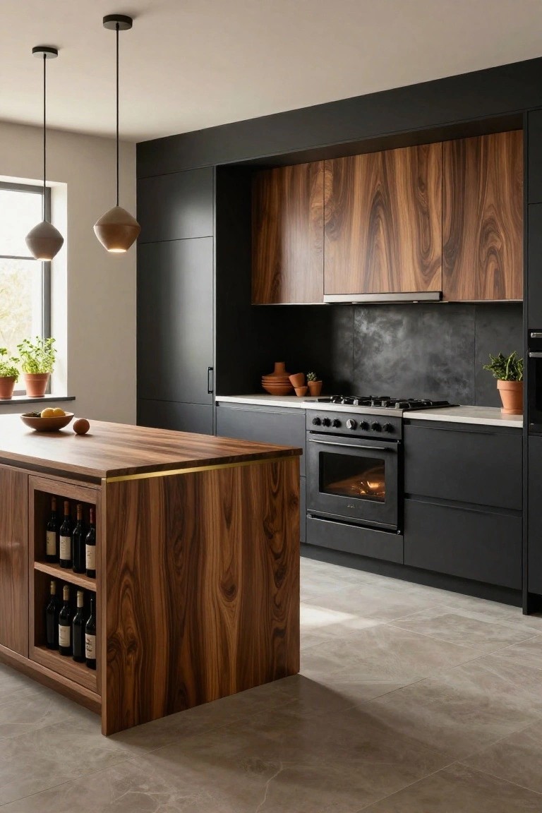 Modern kitchen interior with matte black lower cabinets and appliances, warm walnut wood upper cabinets and large central island with built-in wine storage and brass-edged countertop, pendant lights, and potted plants near window.