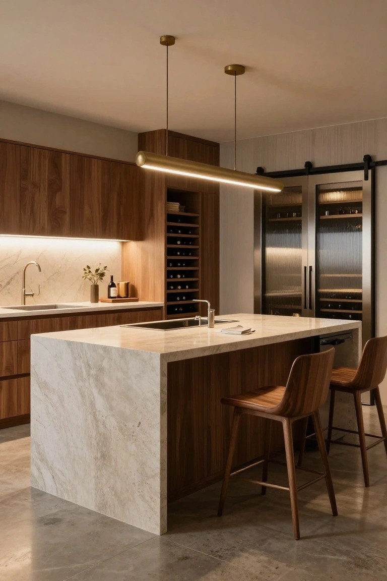 Modern kitchen interior with warm brown wood cabinets, a large light marble waterfall island with two wood bar stools, built-in wooden wine racks, two glass-door wine refrigerators, under-cabinet lighting, and a long gold linear pendant light over the island.