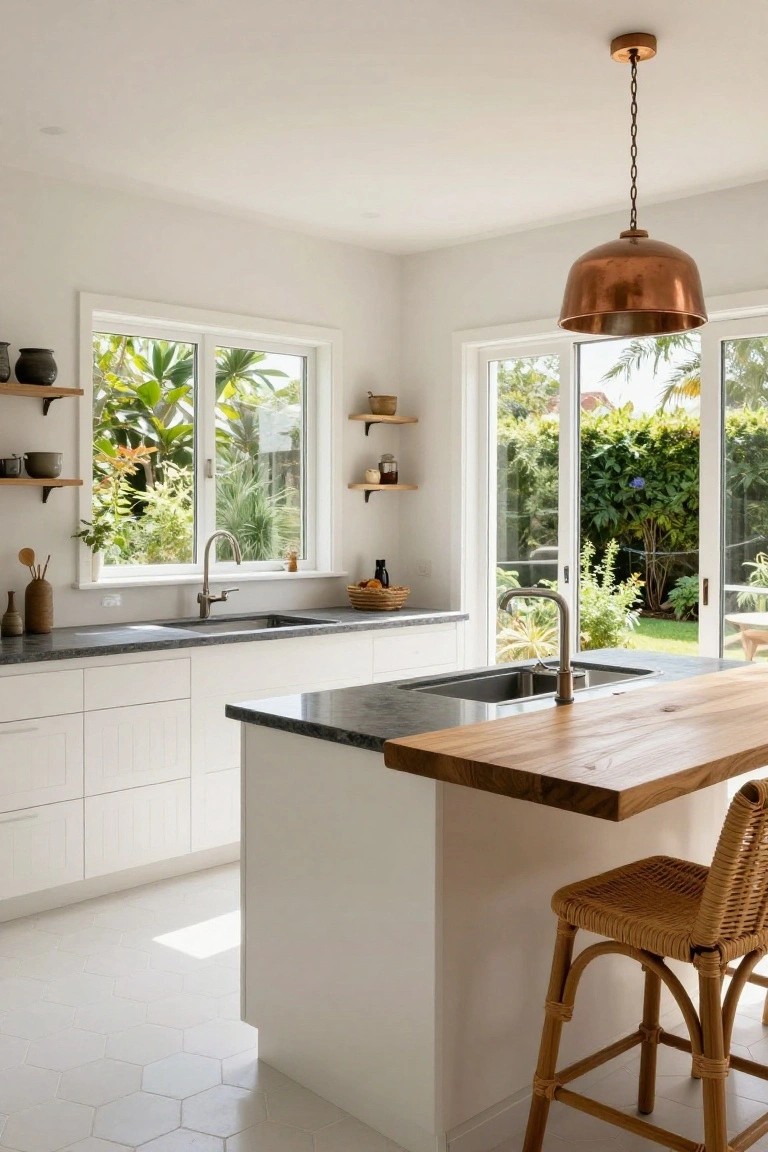 Modern kitchen with white shaker-style cabinets, black granite counters, central white island topped with light wood, brass gooseneck faucet, rattan bar stool, and large windows showing tropical garden.