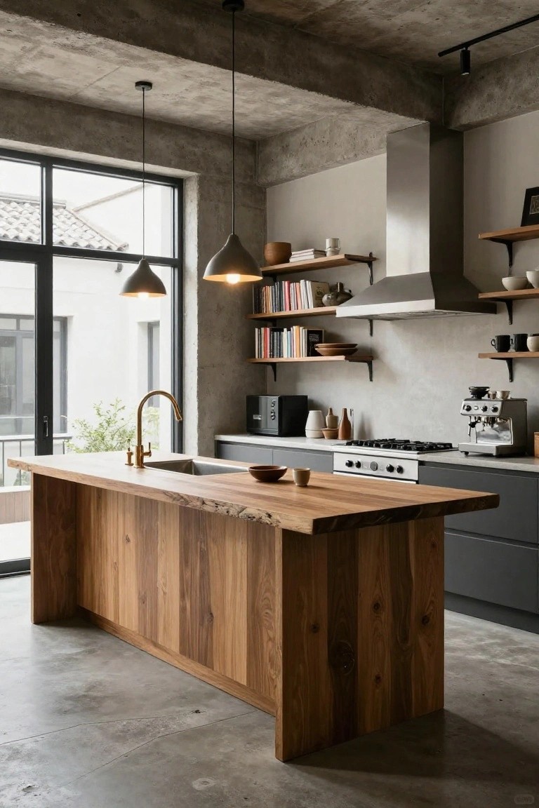 Modern industrial kitchen with exposed concrete ceiling and floor, large live-edge wooden island countertop, matte black cabinets, stainless steel range hood and appliances, and large windows with views outside.