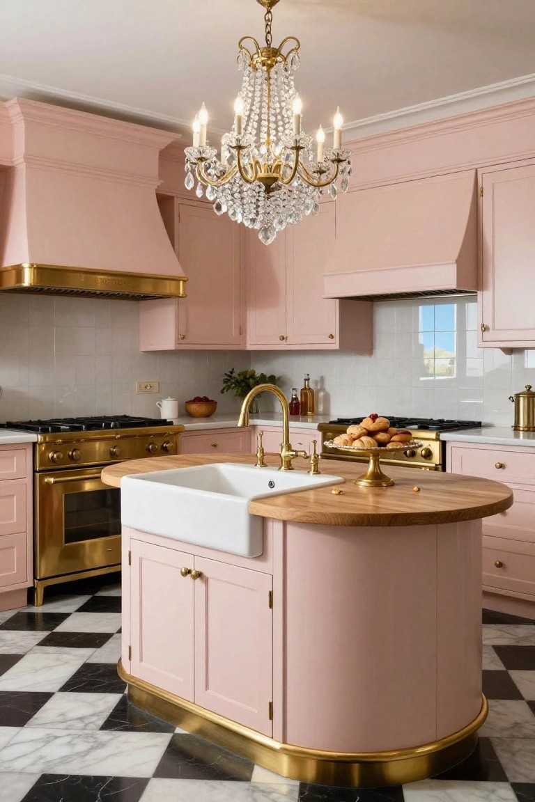 Blush pink kitchen cabinets with brass hardware and trim, wooden-topped curved island with white farmhouse sink, gold range hood and appliances, on black and white checkered marble floor.