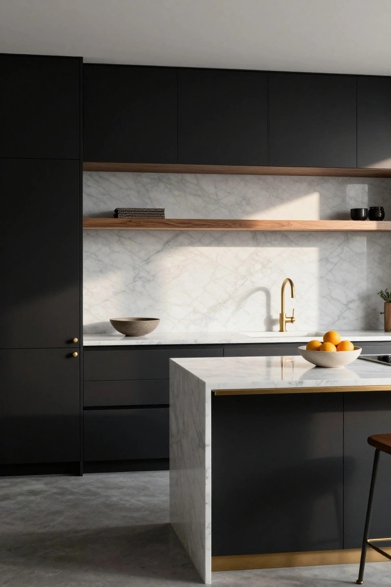 Modern kitchen with matte black cabinets, white marble counters and backsplash, brass gooseneck faucet, wooden open shelf, and island edged in gold with a black stool.