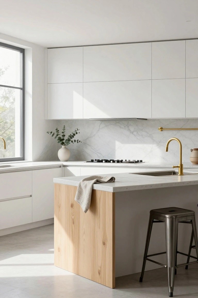 Modern white kitchen with flat-panel cabinets, marble backsplash, brass gooseneck faucet and towel rail, gas cooktop, wooden island edge, and metal bar stool by a window.