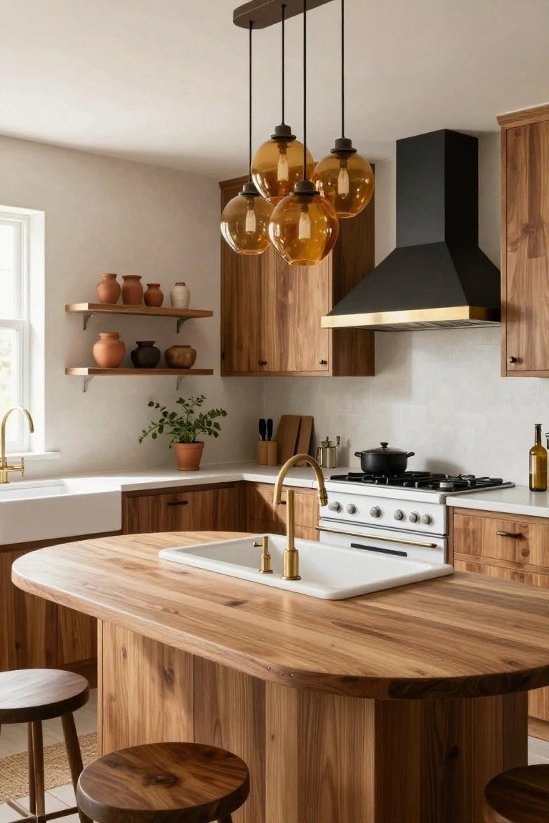 A kitchen interior with light-toned wood cabinets and island, white farmhouse sink and counters, curved brass faucet, black range hood with brass trim, amber pendant lights, and wooden stools.