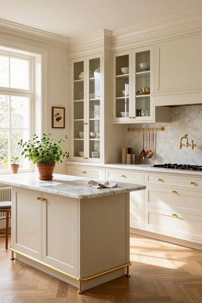A cream-colored kitchen with glass-front upper cabinets, white marble counters and backsplash, a central island on brass legs with brass railing, hanging brass pots, and large windows letting in sunlight.