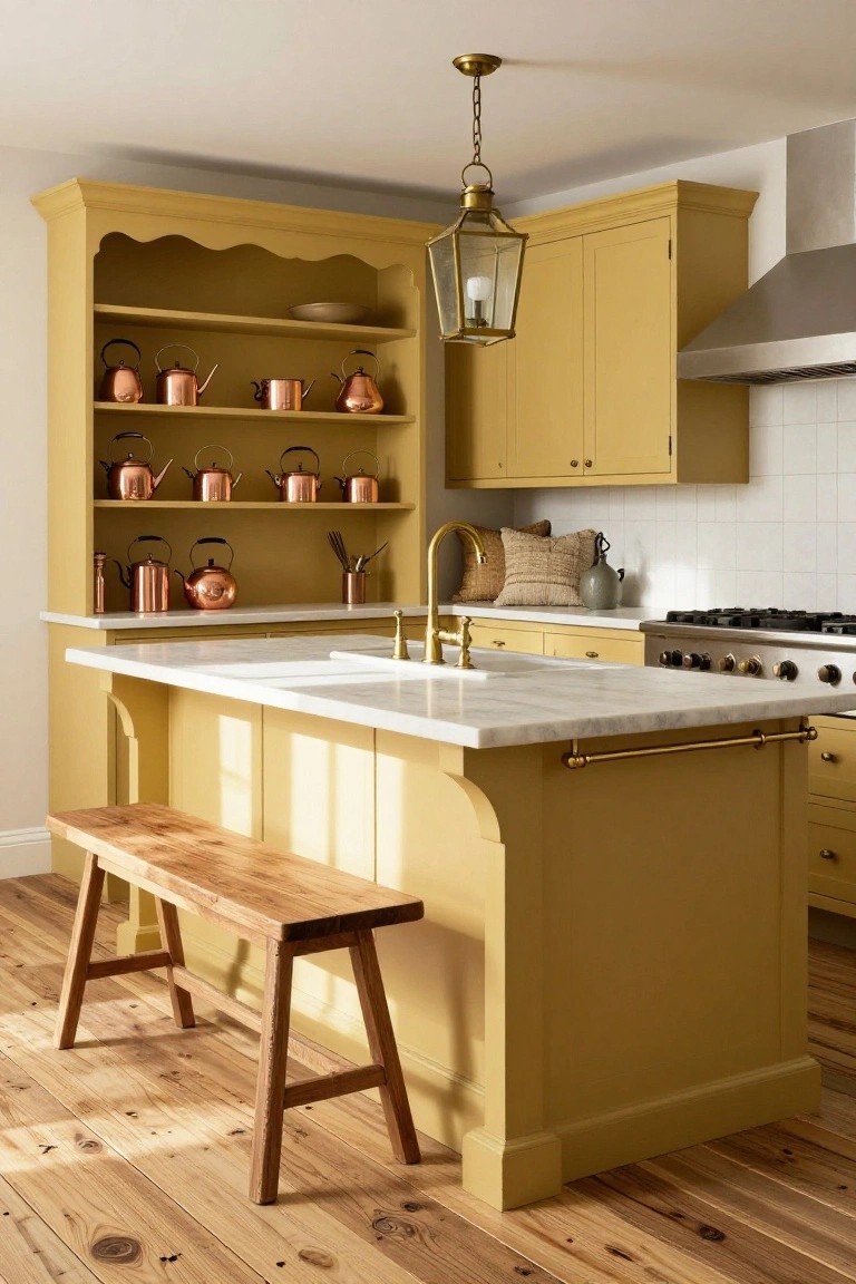 A kitchen with pale yellow scalloped cabinetry, open shelves holding copper pots and kettles, white marble island topped with brass faucet and towel rail, gold lantern pendant, gas range, and wooden bench on hardwood floor.