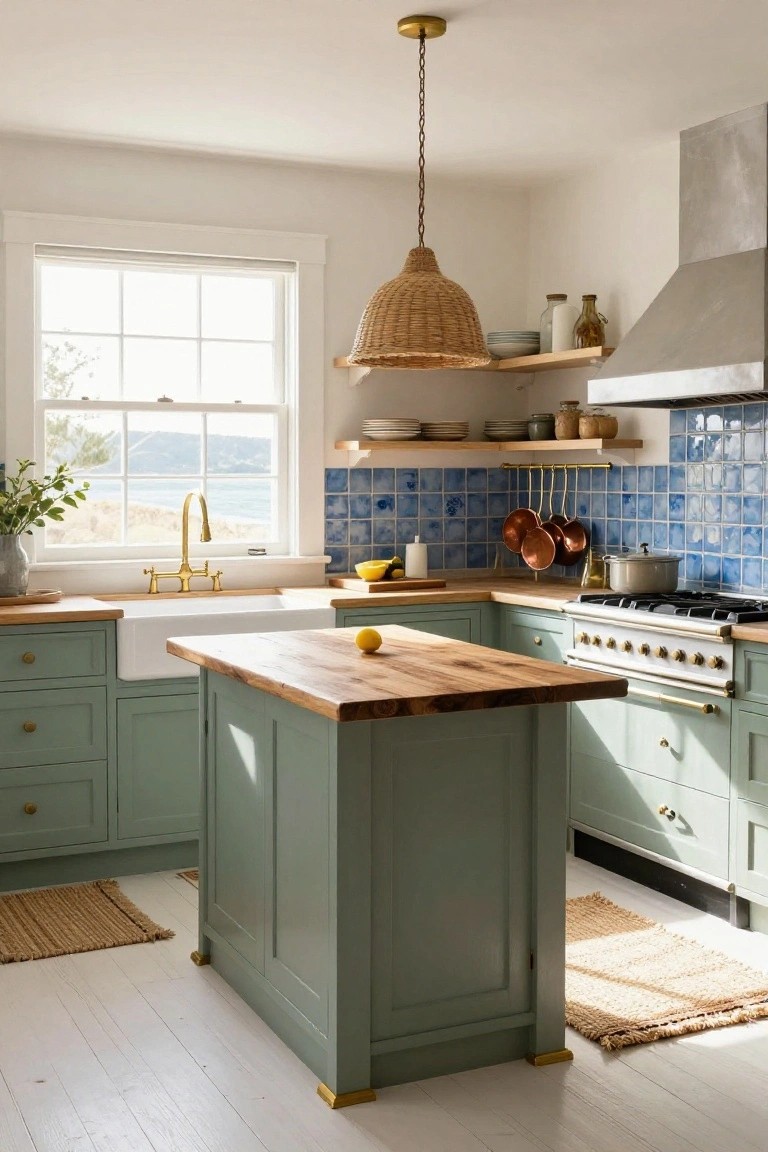 Sage green kitchen cabinets with brass knobs and island feet, wooden countertops, white farmhouse sink with brass gooseneck faucet, blue tiled backsplash, copper pots on rack, woven pendant light, and window with ocean view.