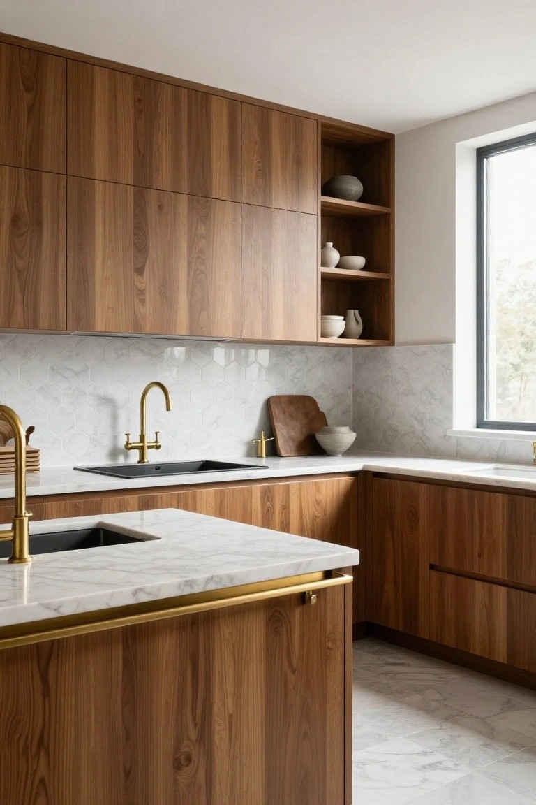 Modern kitchen interior with walnut wood cabinets, white marble countertops and backsplash in hexagonal tiles, brass gooseneck faucet and handles, black sinks, and open shelves with ceramics.