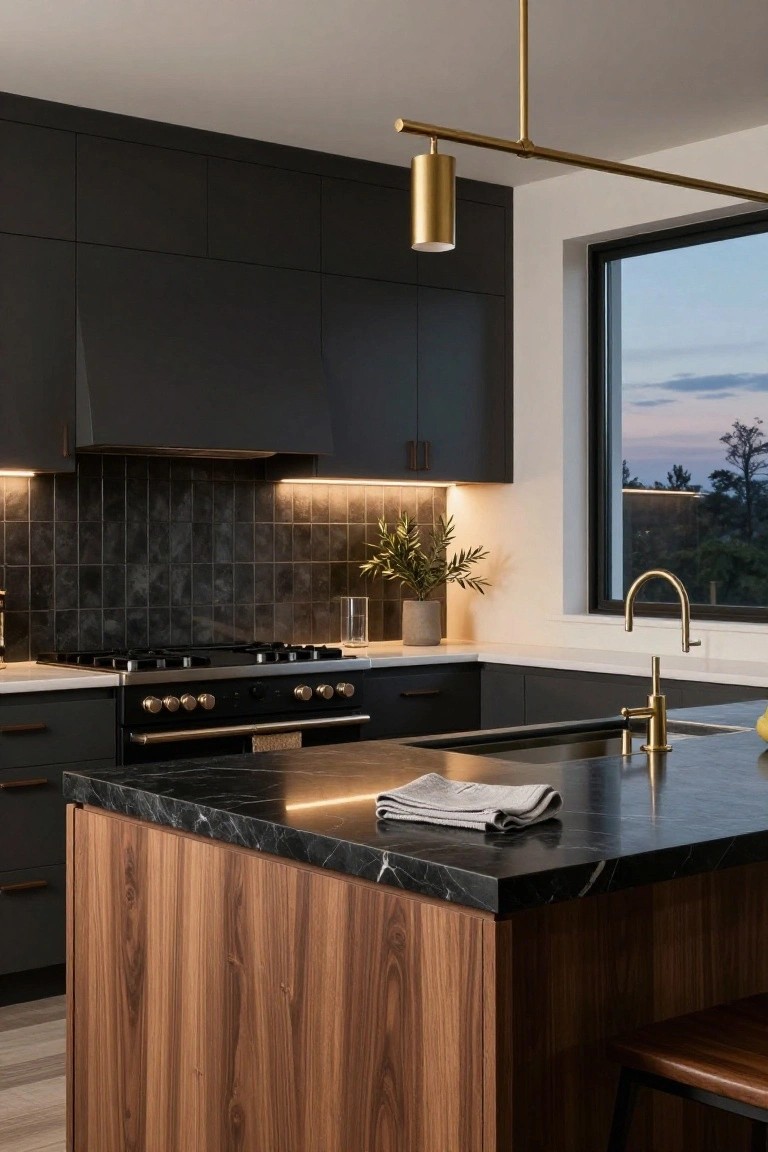 Modern kitchen featuring black cabinets, dark subway tile backsplash, black marble island with wood paneling, brass faucet and pendant light, and a large window with dusk view.