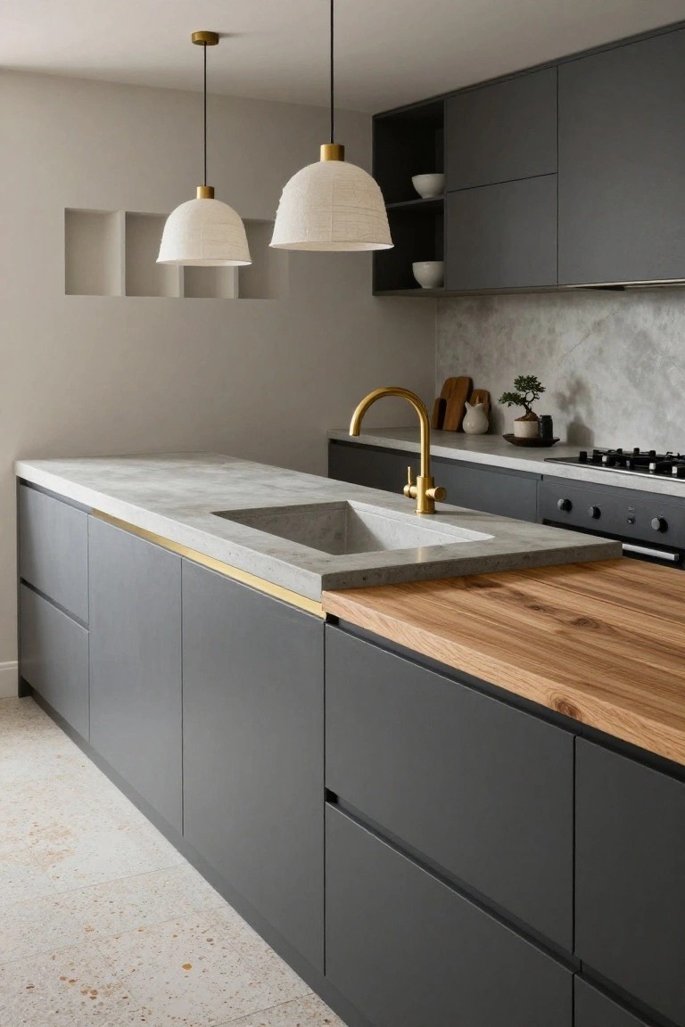 Modern kitchen featuring dark gray cabinets, concrete countertop and integrated sink, brass faucet, oak wood on island top, white textured pendant lights, and marble-look backsplash.