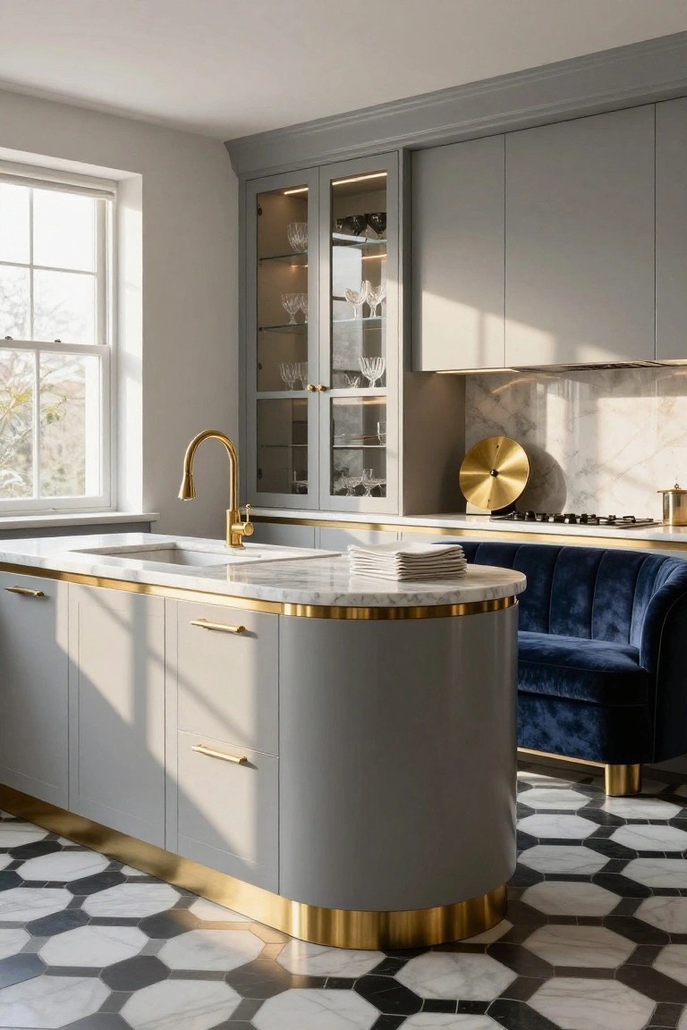 Kitchen interior featuring light gray cabinets with brass edging along the bases and island, white marble countertops, curved island with blue velvet sofa, gold faucet, glass-front cabinets, and black and white hexagonal floor tiles.