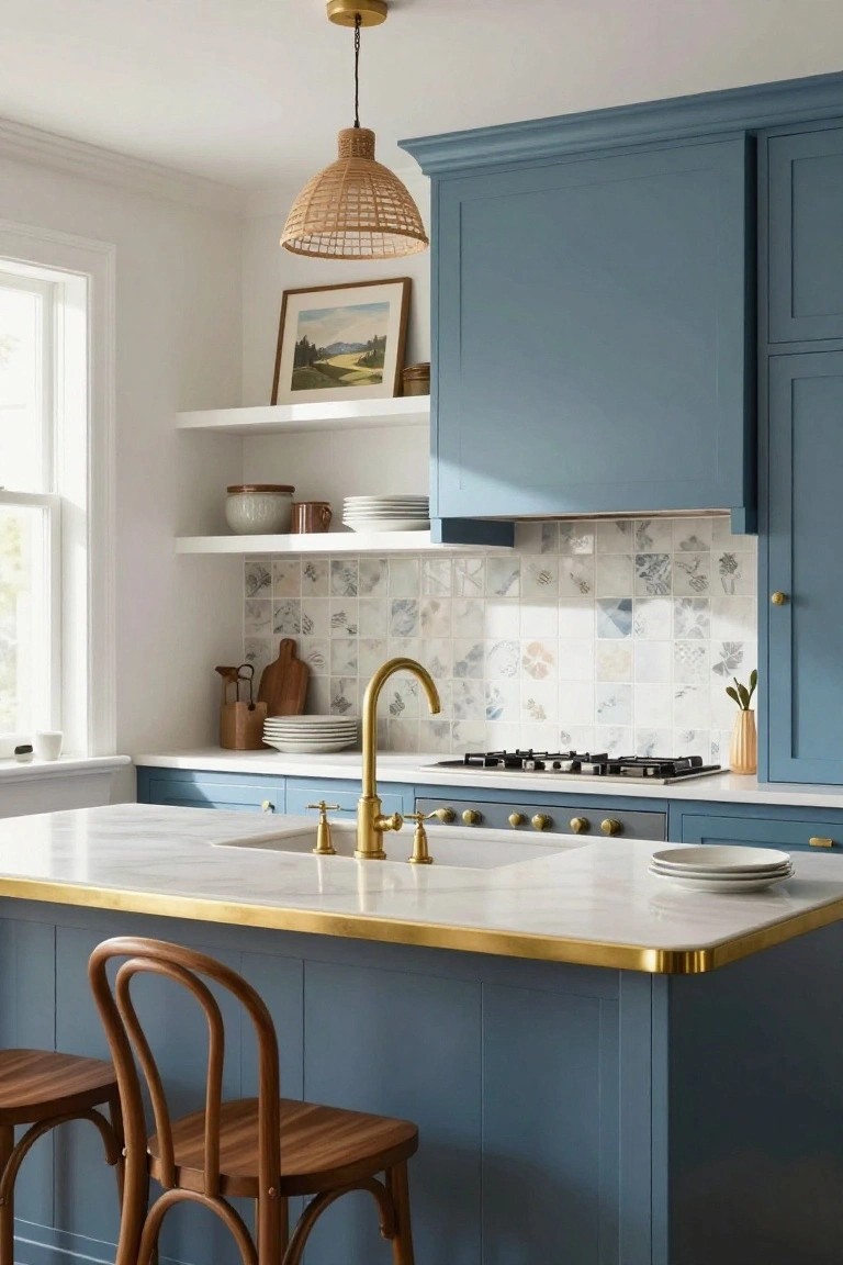 Kitchen with navy blue cabinets, white marble island countertop edged in thin brass, brass faucet and handles, blue and white tile backsplash, rattan pendant light, and wooden stools.