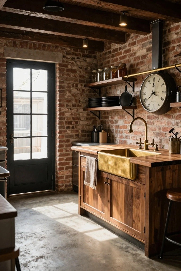 Rustic kitchen interior with golden brass farmhouse sink, wood cabinets, brick walls, open shelves holding jars and dishes, and a large clock on the wall.