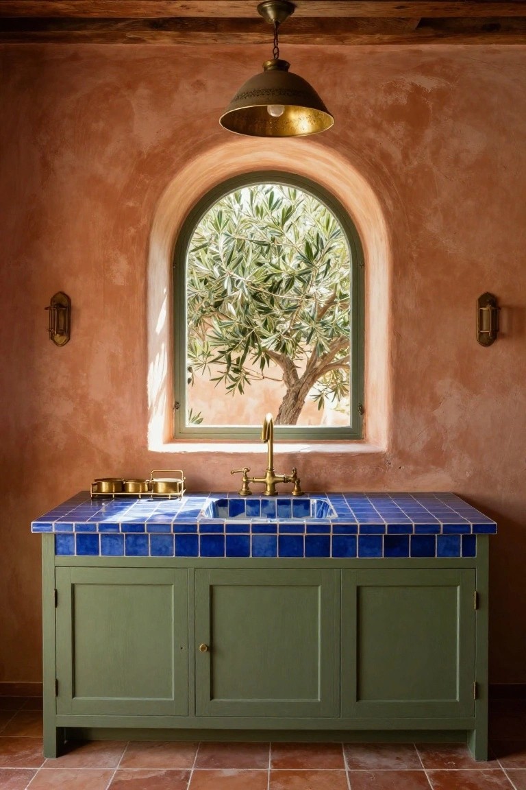Kitchen sink area with blue tiled countertop and sink basin, brass faucet and handles, green paneled cabinets below, terracotta walls and floor tiles, arched window showing olive tree outside, brass wall sconces and hanging lantern.