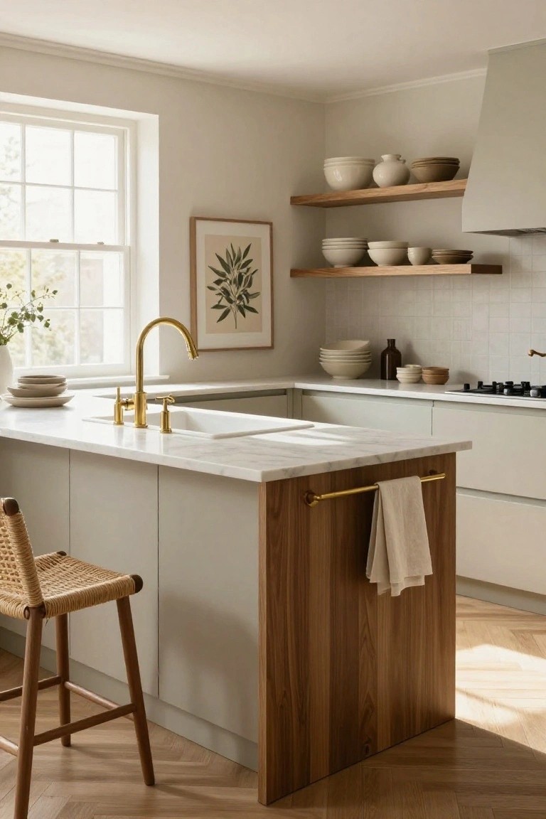 Light gray kitchen with white marble island, brass gooseneck faucet and hardware, wooden accents, open shelves holding white ceramics, and a rattan stool.