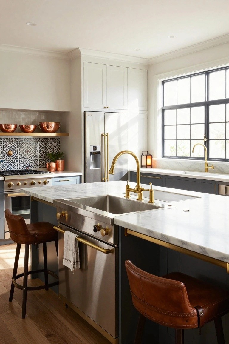 Modern kitchen with white shaker cabinets, marble island countertop and sink with gold bridge faucet, stainless steel range with brass handles, copper pots on shelves, leather bar stools, and large black-framed windows.