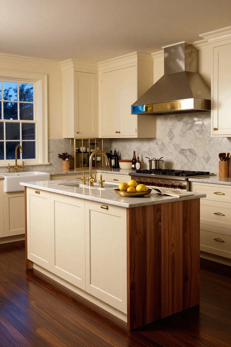 A light-colored kitchen with creamy shaker-style cabinets, a walnut wood island topped in white marble, brass faucets at the farm sink and island sink, brass range hood over a gas range, and gold hardware on drawers.