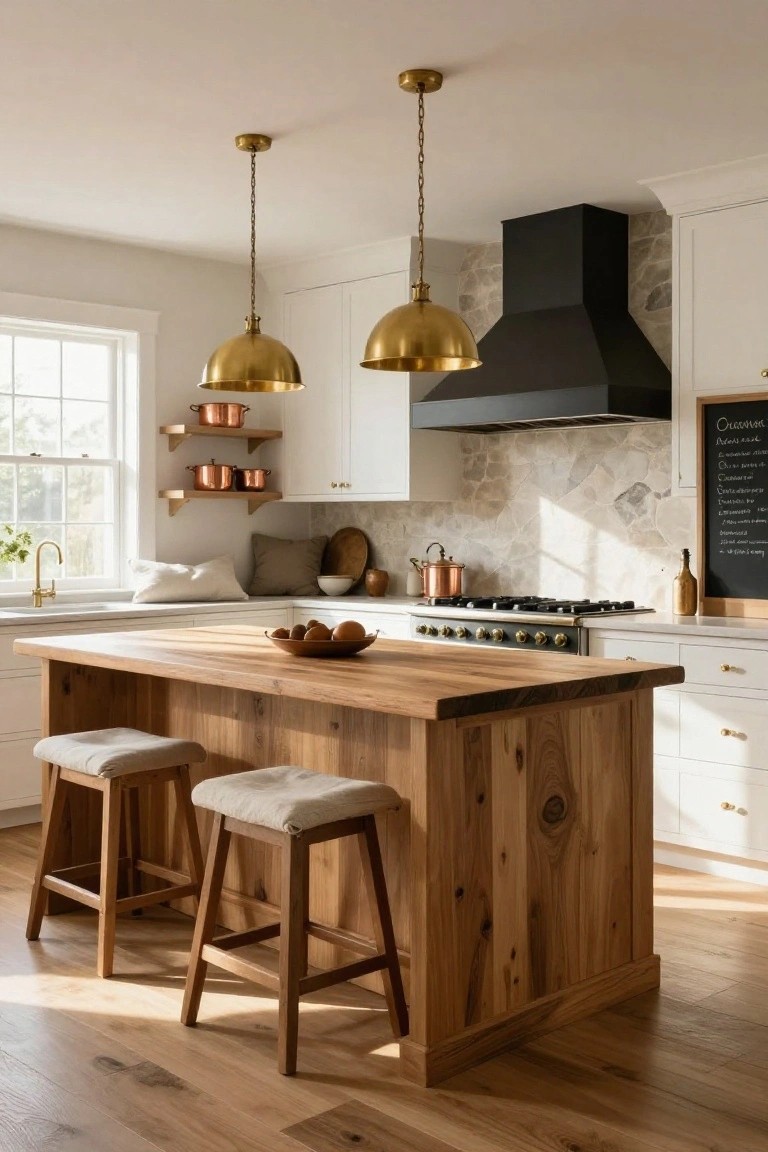 Bright kitchen interior featuring white cabinets, a large wooden island with upholstered stools, two brass dome pendant lights hanging above, a black range hood over a gas range, copper cookware on wall shelves, and a chalkboard sign.