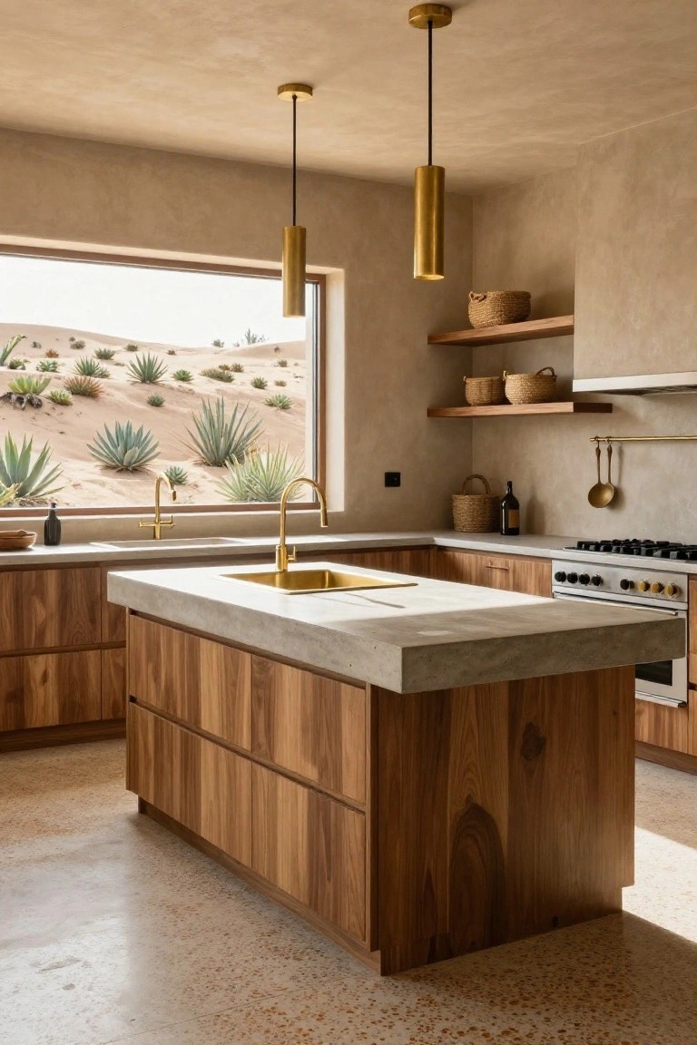 Contemporary kitchen with walnut wood cabinets, white concrete island countertop, tall cylindrical brass pendant lights, gold brass faucets, woven baskets on shelves, and large window showing desert landscape with cacti.