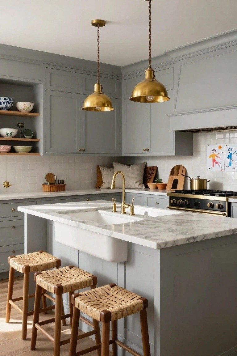 Gray Shaker kitchen cabinets with brass pendant lights hanging over a white marble island featuring a farmhouse sink and gold faucet, plus rattan barstools.