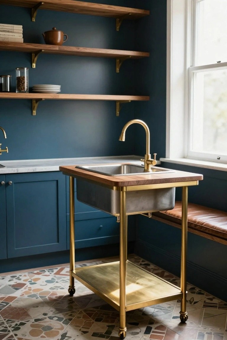 Navy blue kitchen corner with wooden open shelves holding dishes and jars, a freestanding brass metal cart with wooden top and stainless steel sink, gold faucet, marble counters, and colorful tile floor.