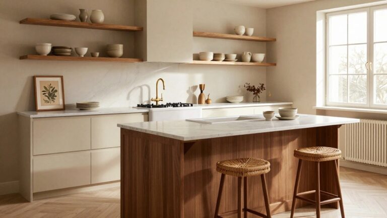 Light gray kitchen with white marble island, brass gooseneck faucet and hardware, wooden accents, open shelves holding white ceramics, and a rattan stool.