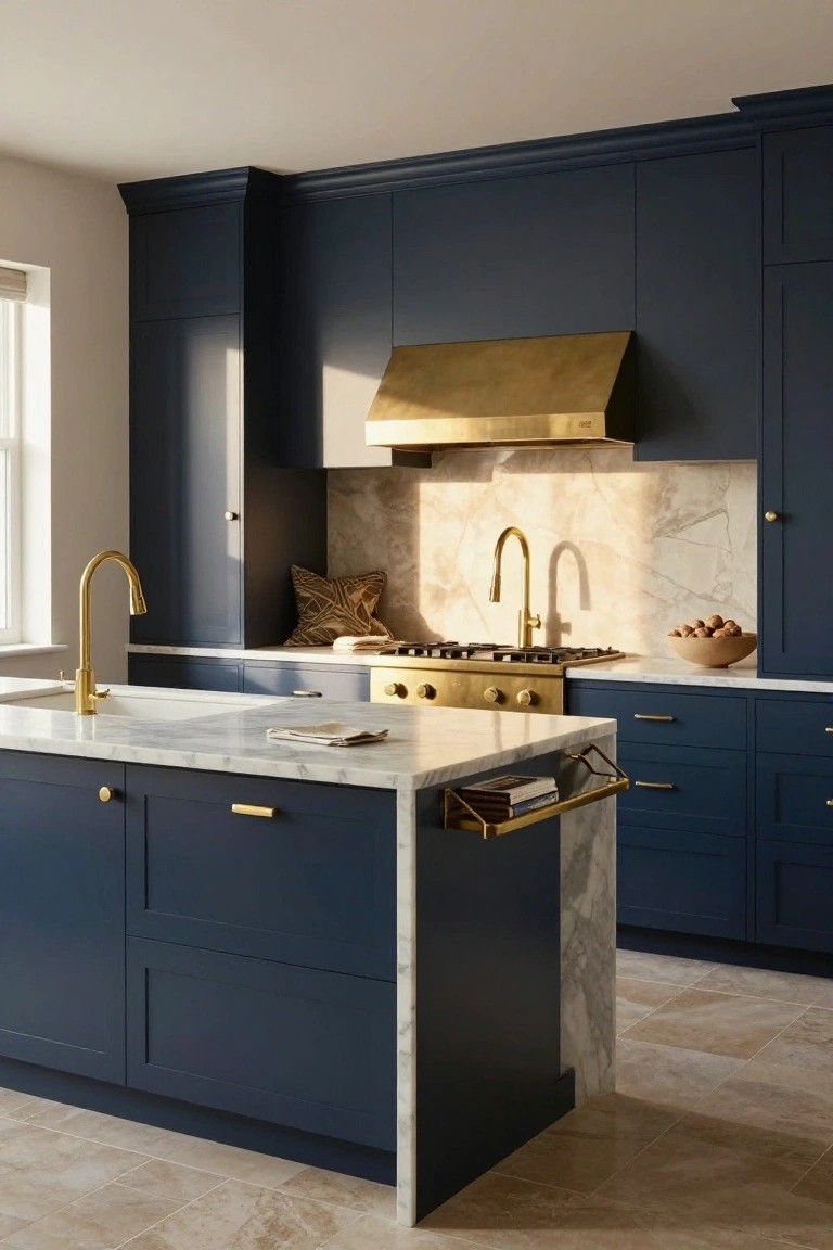 Kitchen interior featuring navy blue cabinetry, white marble island and countertops, brass faucet, gold range hood over gas stove, and brass drawer pulls.