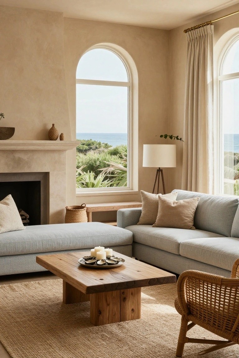 A living room with beige plaster walls, arched windows showing ocean views, beige stone fireplace, light gray L-shaped sofa, wooden coffee table with candles and shells, rattan chair, and seagrass rug.