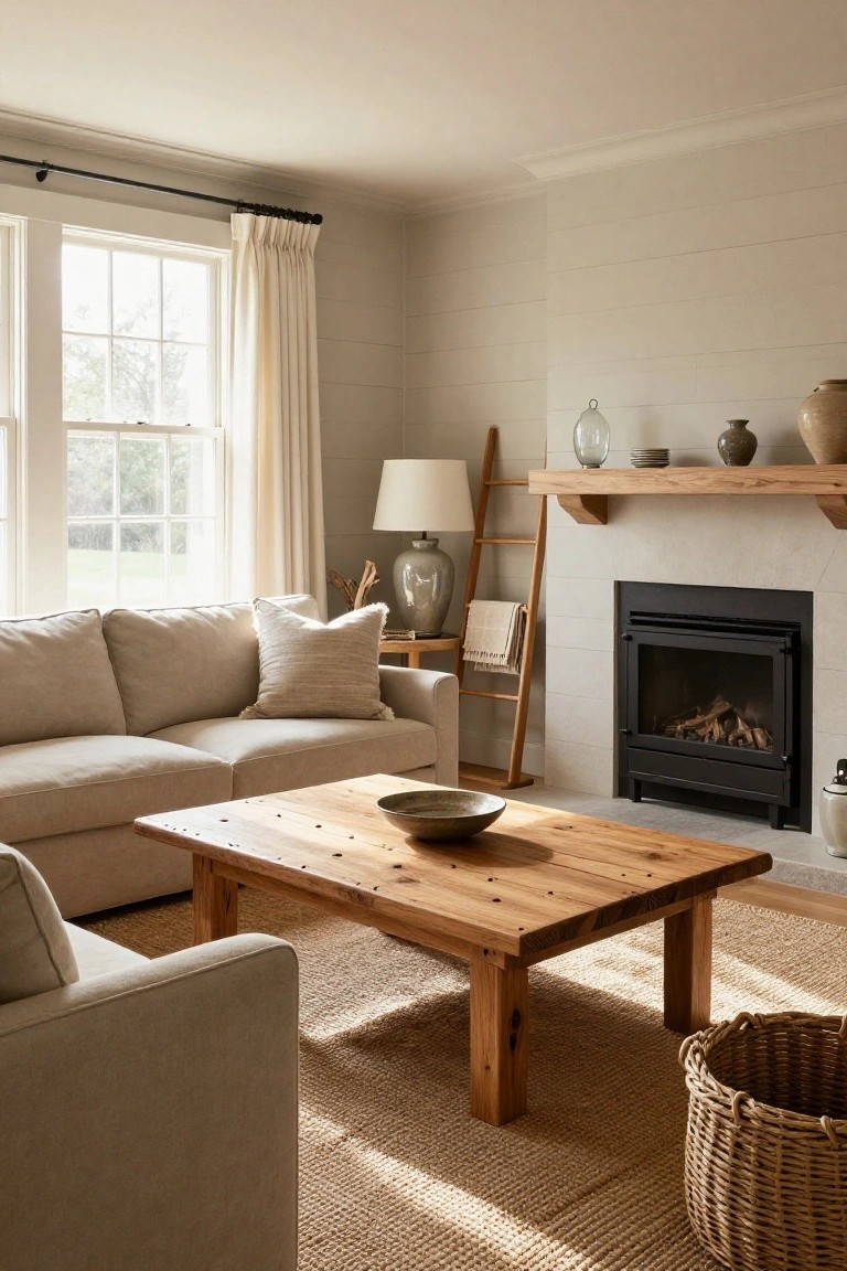 A living room with light beige shiplap walls, cream sofa, wooden coffee table with a bowl, ladder shelf beside a gas fireplace, large window with white curtains, and wicker basket on a seagrass rug.
