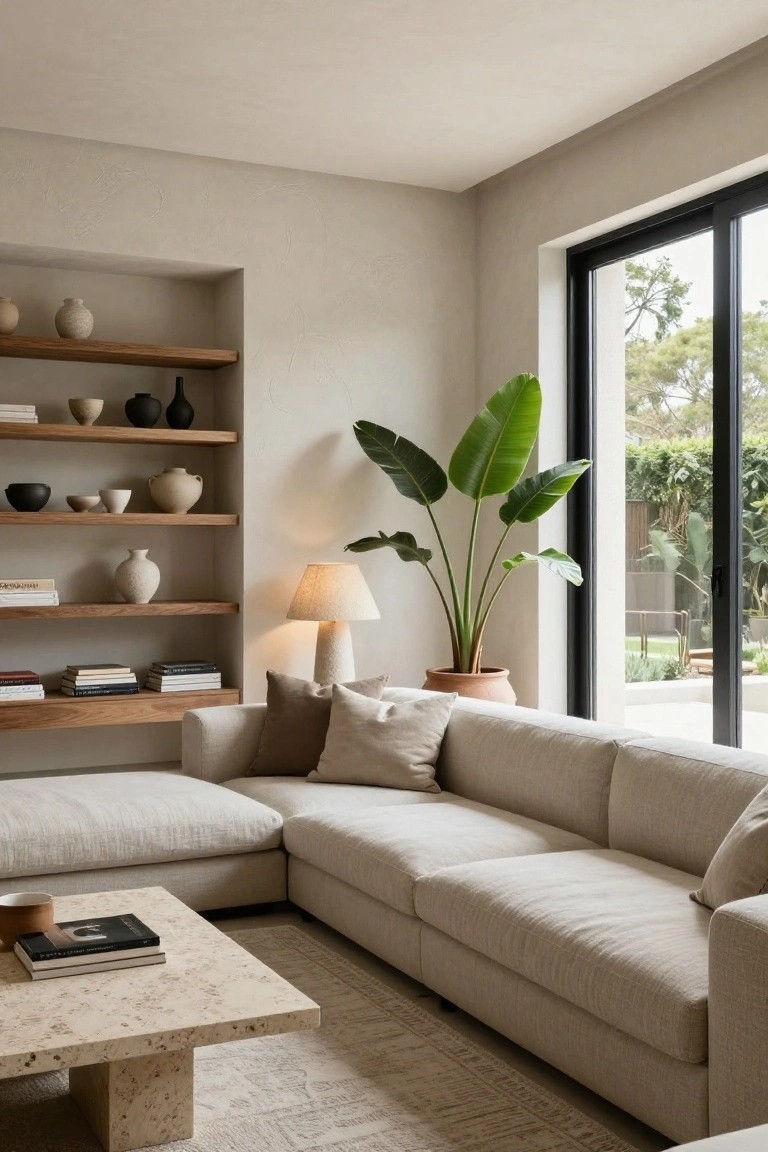 Beige living room with recessed floating wooden shelves displaying ceramic vases and pots, cream L-shaped sofa, terracotta potted banana leaf plant, travertine coffee table, lamp, and black-framed sliding doors overlooking a garden.