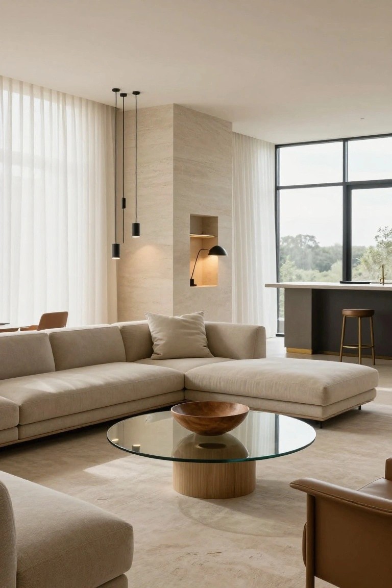 Modern living room featuring a large L-shaped beige sofa, glass coffee table with wooden bowl, two upholstered chairs, sheer curtains on floor-to-ceiling windows, and a dark bar counter with stool in the background.