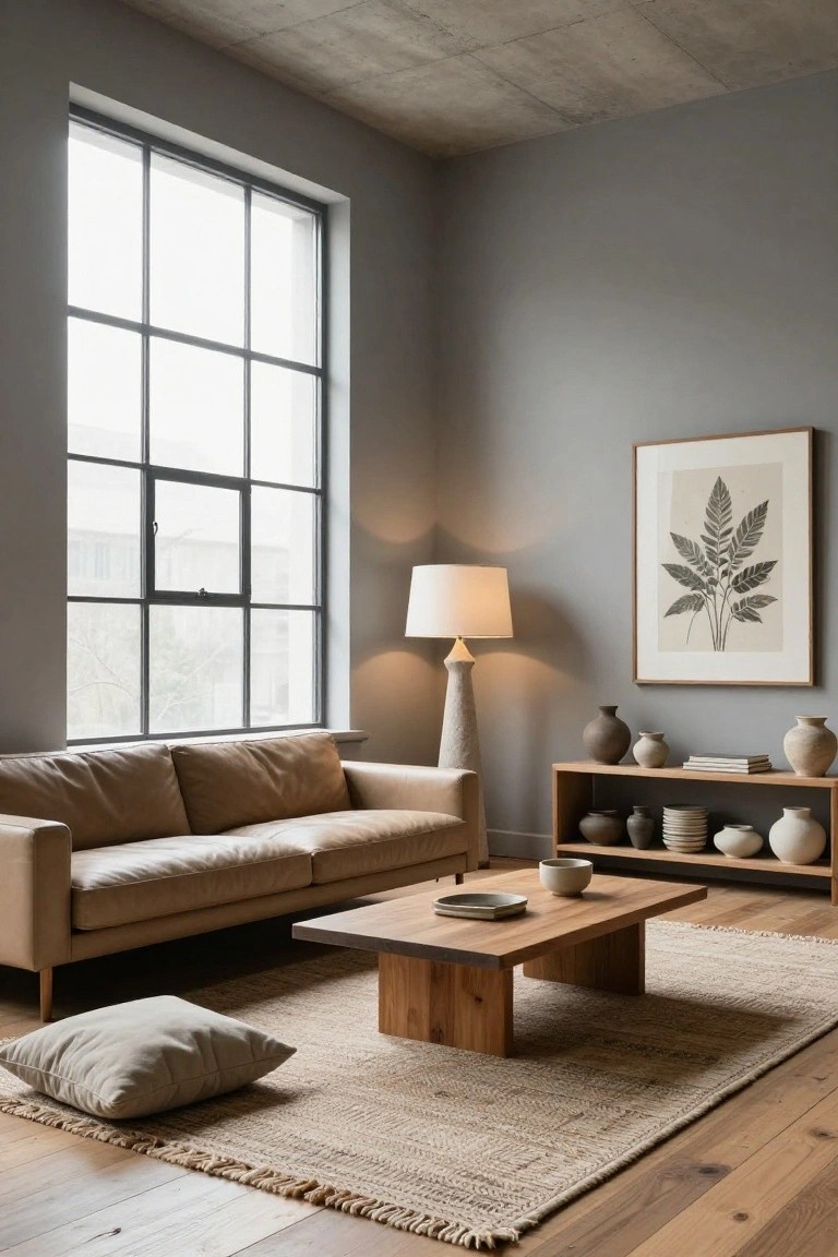 A living room featuring soft gray walls, large steel-framed windows, a tan leather sofa, low wooden coffee table, seagrass rug, floor pillow, floor lamp, and wooden shelves displaying pottery.