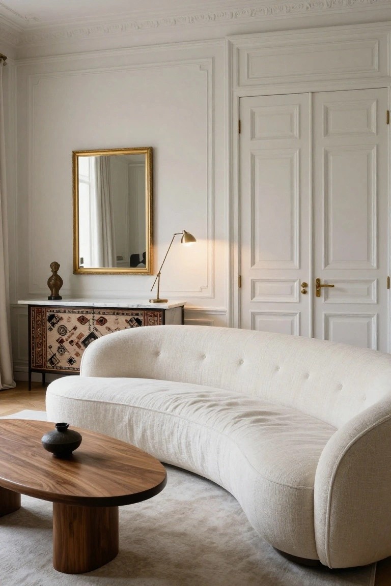 Elegant living room interior with a large curved white sofa, oval walnut coffee table holding a black vase, marble-top sideboard with patterned doors and a bronze sculpture, gold-framed mirror, adjustable desk lamp, and white paneled walls with double doors.