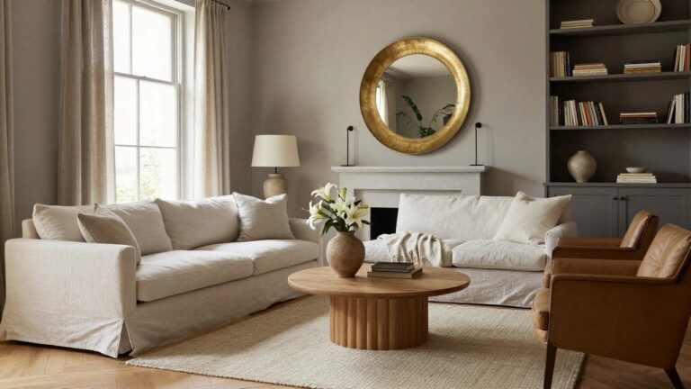 A light beige living room with creamy walls, a white marble fireplace containing firewood, two beige fabric sofas around a low oak coffee table, an oak dresser, a large round gold mirror flanked by black lamps, a vase of white lilies, and tall windows draped in cream curtains over herringbone wood floors.
