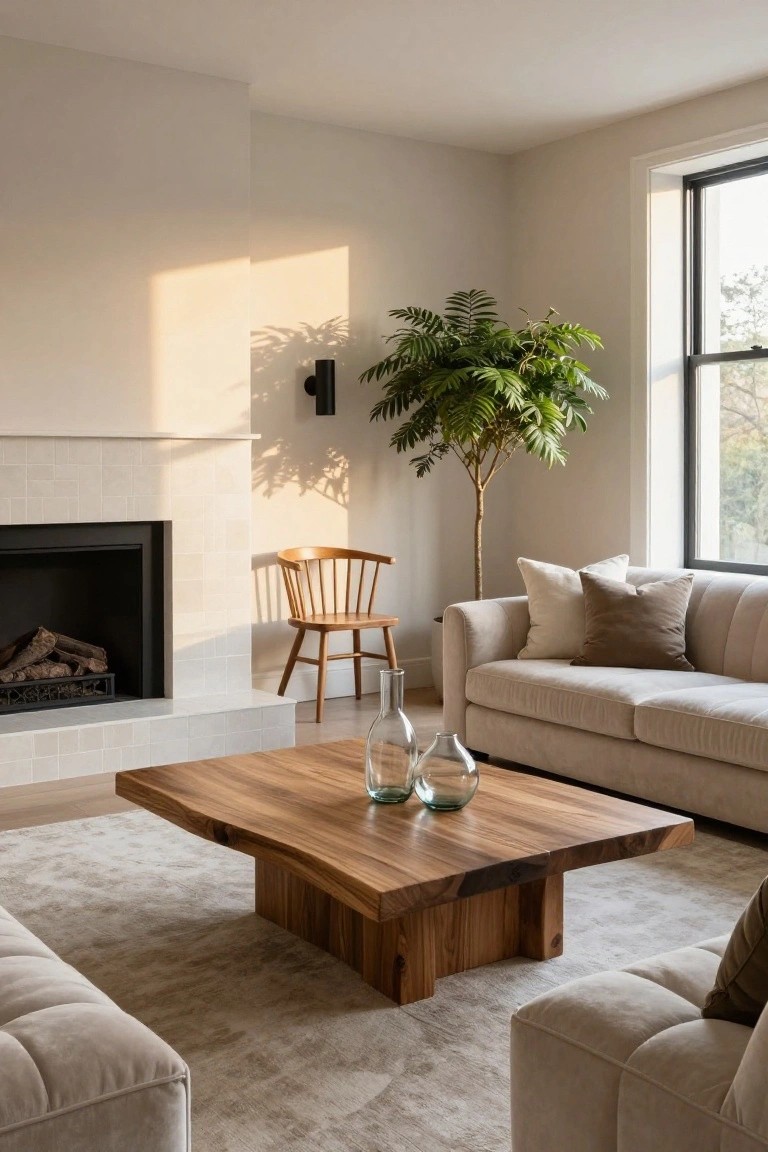 A light-filled living room with cream sofas, a large live-edge wooden coffee table holding glass vases, a tiled fireplace with burning logs, a wooden chair, potted palm tree near black-framed windows, and beige rug.