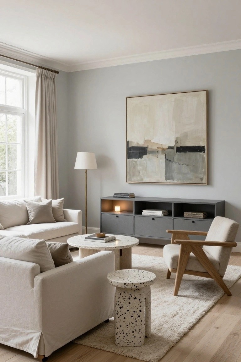 A light gray living room with white linen sofa, gray media cabinet, wooden armchair, marble-look side tables, floor lamp, large abstract painting, and window with white curtains.