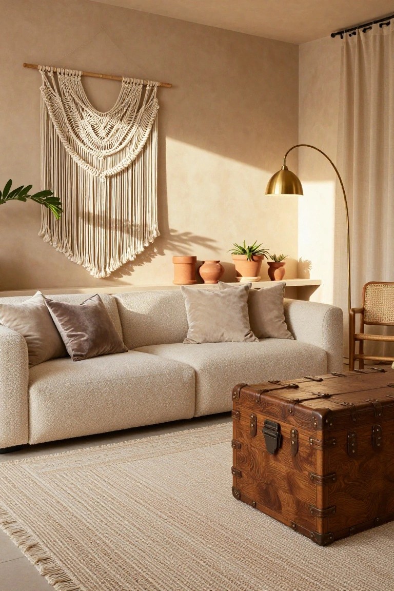 Living room featuring a light boucle sofa with velvet pillows, wooden trunk coffee table, macrame wall hanging, potted plants on shelves, rattan chair, arched gold floor lamp, and beige rug against textured beige walls.
