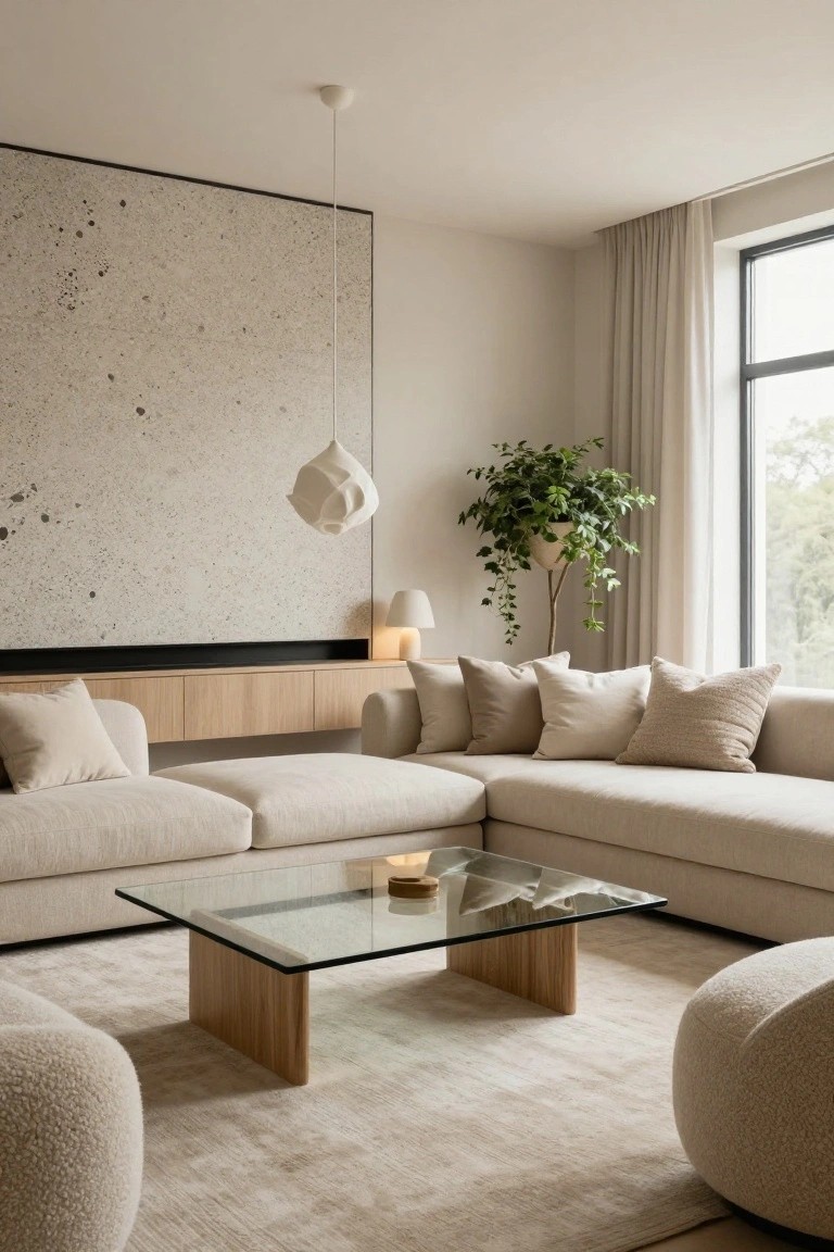 Modern living room with L-shaped cream fabric sofa, glass-top coffee table on oak legs, two cream poufs, beige rug, potted green plant, table lamp, sculptural white pendant light, and textured beige wall with built-in oak cabinets.