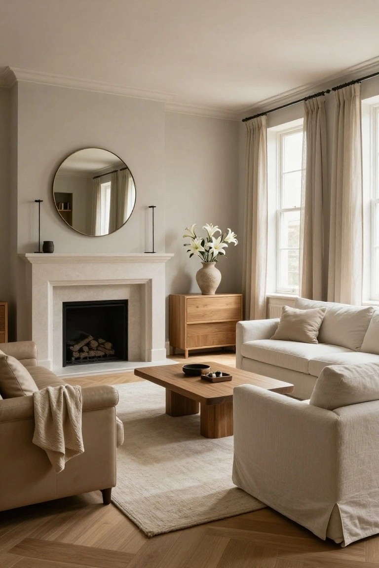 A light beige living room with creamy walls, a white marble fireplace containing firewood, two beige fabric sofas around a low oak coffee table, an oak dresser, a large round gold mirror flanked by black lamps, a vase of white lilies, and tall windows draped in cream curtains over herringbone wood floors.
