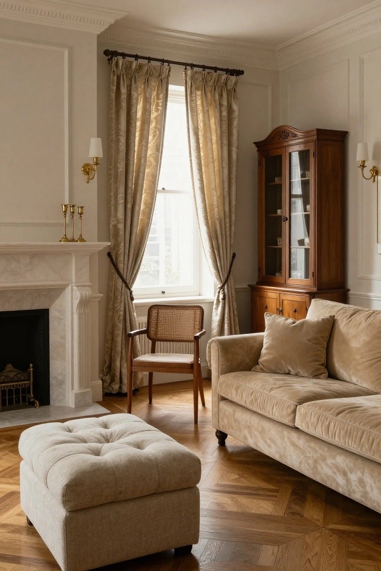 Elegant living room interior featuring a beige velvet sofa with matching pillows, a cane armchair, tufted beige ottoman, wooden armoire with glass doors, marble fireplace, and cream drapes on a window over herringbone parquet wood floors.