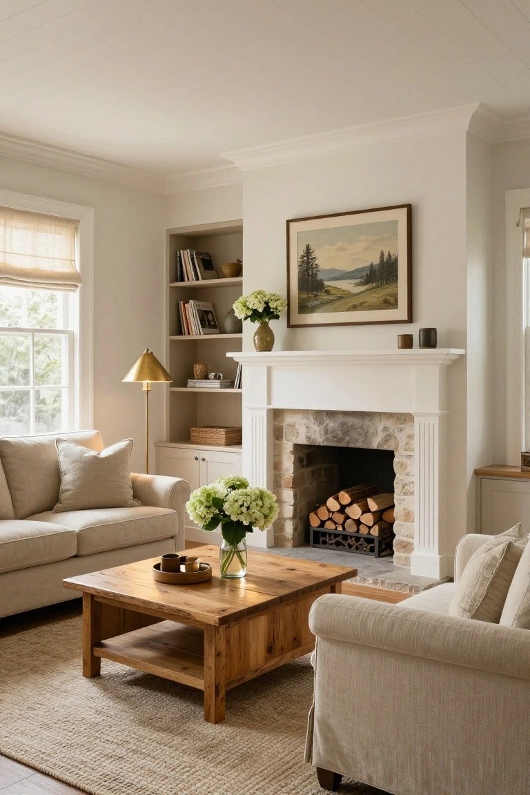 A living room with creamy white walls, beige linen sofas, wooden coffee table, stone fireplace, built-in shelves, and neutral flowers and art.