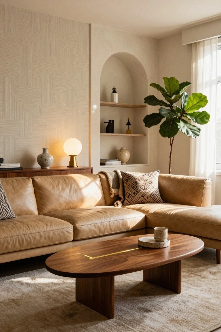 A sunlit living room with tan leather L-shaped sectional sofa, oval walnut coffee table with gold inlay, arched wall niche holding ceramics and a fiddle leaf fig plant, beige textured walls, and sheer curtains over a window.
