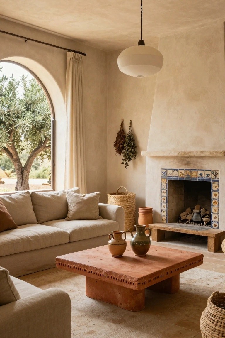 Beige sofa and armchair around a large terracotta coffee table with clay pots on top, woven baskets nearby, blue-tiled fireplace, and arched window showing olive tree outside in a light stucco room.