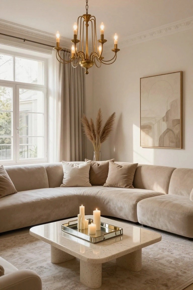 Beige living room with curved cream sofa, travertine coffee table holding candles on a silver tray, brass chandelier, tall pampas grass in glass vase, abstract beige wall art, sheer curtains on large windows, and light beige rug.