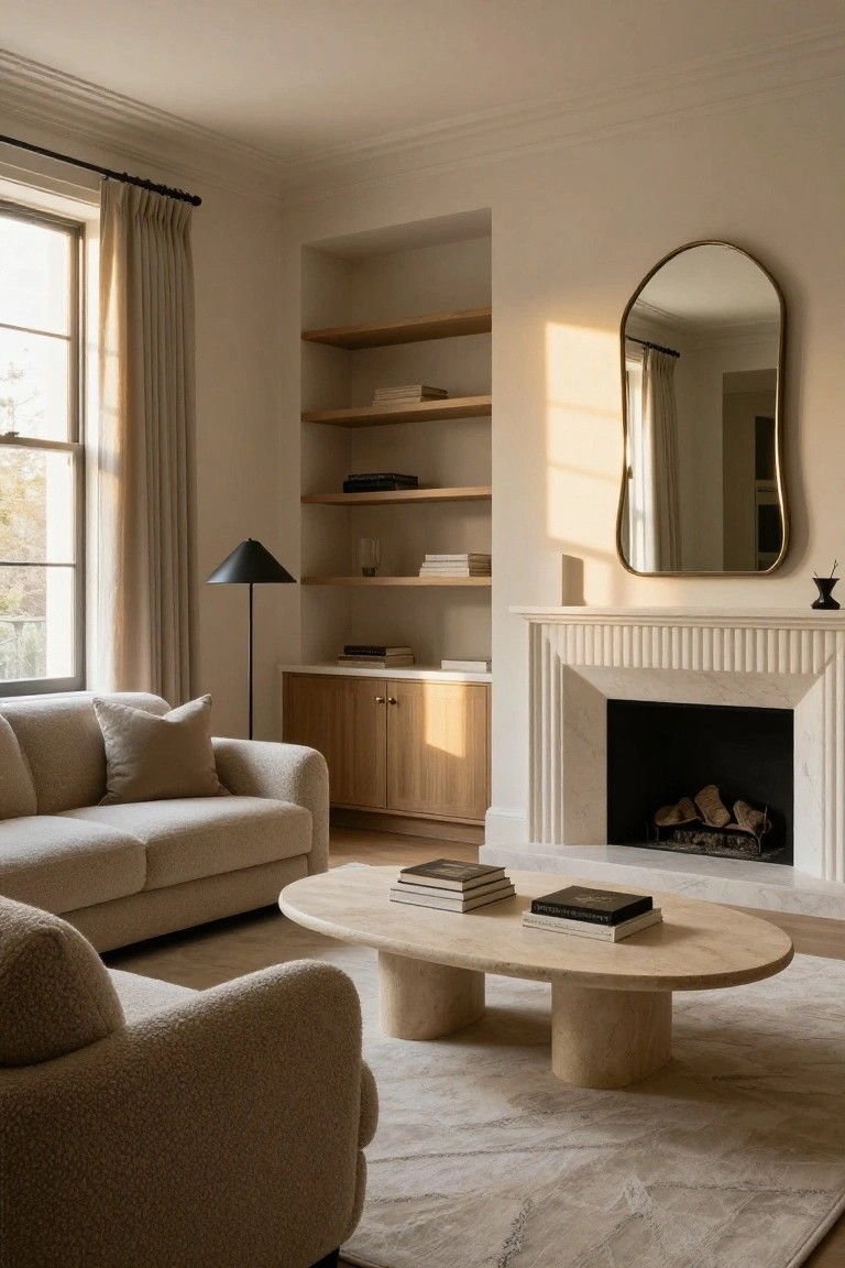 A living room with cream boucle sofa and armchair, oval travertine coffee table with books, oak built-in shelves and cabinet, arched brass mirror, black floor lamp, fluted white fireplace with burning logs, and beige curtains on a tall window.