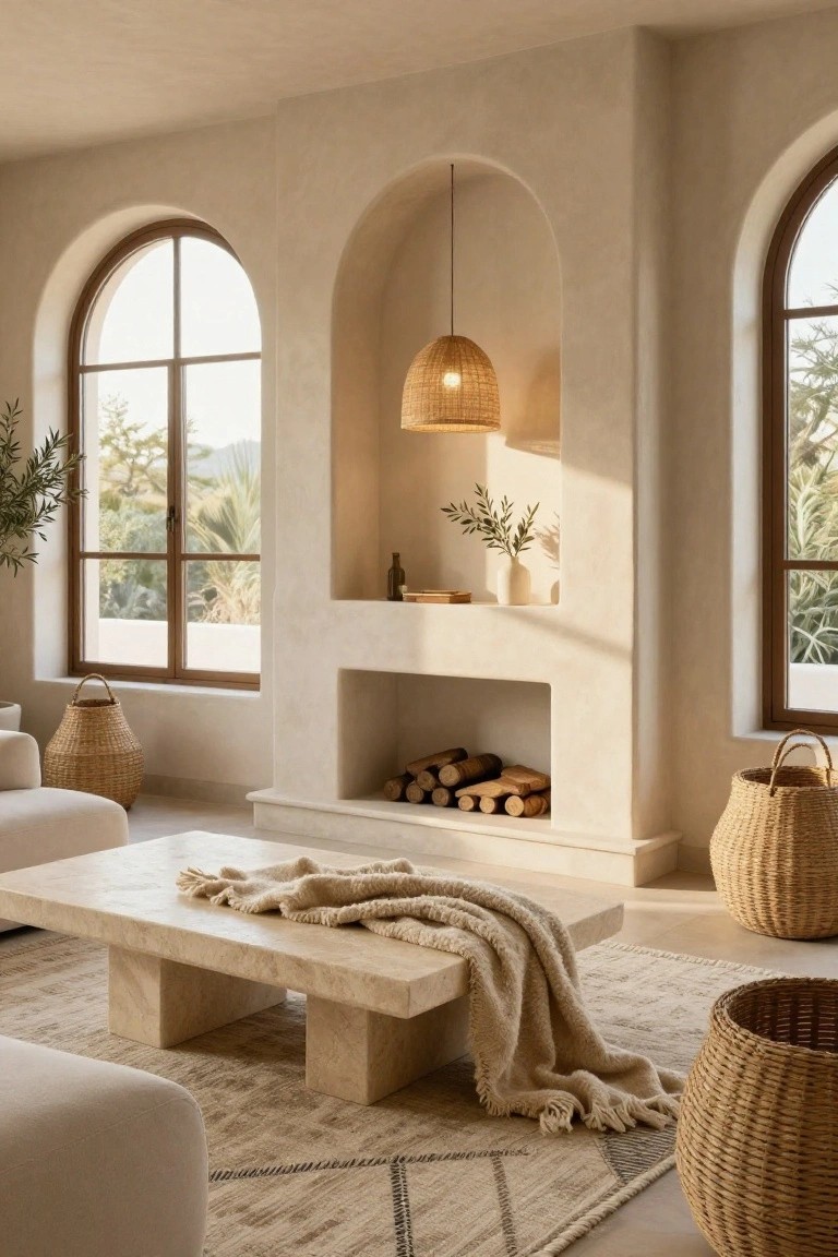 Living room featuring beige textured plaster walls, arched windows with wooden frames overlooking trees and hills, a built-in fireplace niche with firewood, a rectangular stone coffee table draped with a beige throw, cream upholstered sofa, woven baskets, and a patterned neutral rug.
